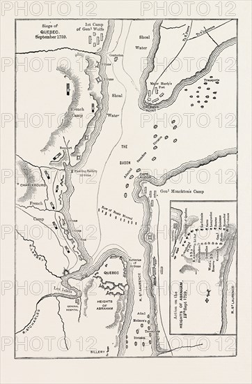 PLAN OF THE SIEGE OF QUEBEC, CANADA, 1870s engraving