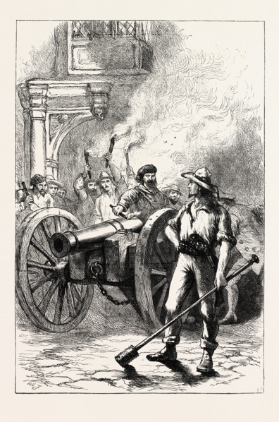 THE MOB FIRING CANNON BEFORE THE COURT HOUSE WHERE M'LEOD WAS IMPRISONED, US, USA, 1870s engraving
