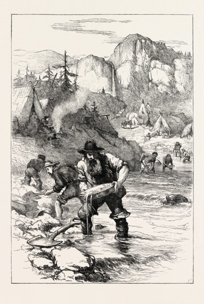 GOLD-WASHING IN CALIFORNIA, UNITED STATES OF AMERICA, US, USA, 1870s engraving