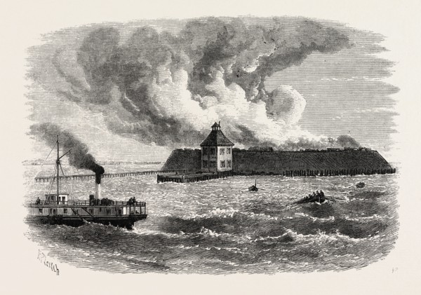 DESTRUCTION OF FORT OCRACOKE, UNITED STATES OF AMERICA, US, USA, 1870s engraving