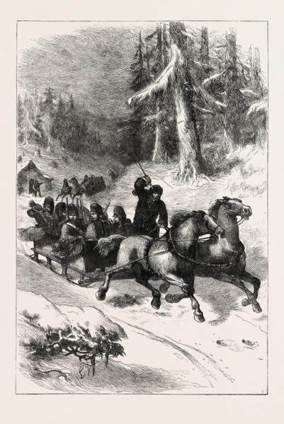 BRITISH TROOPS CONVEYED THROUGH CANADA, 1870s engraving