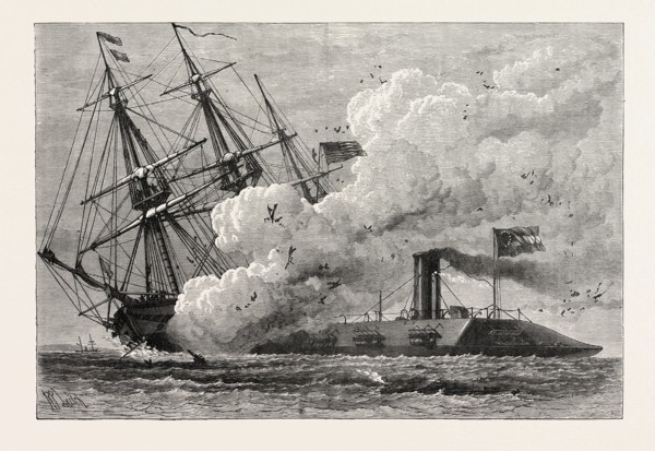 THE MERRIMAC SINKING THE CUMBERLAND, AMERICAN CIVIL WAR, UNITED STATES OF AMERICA, US, USA, 1870s