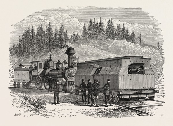 A RAILROAD BATTERY, AMERICAN CIVIL WAR, UNITED STATES OF AMERICA, US, USA, 1870s engraving