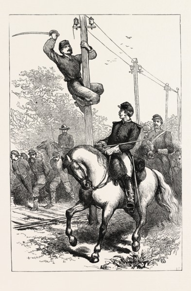 STUART'S CAVALRY CUTTING TELEGRAPH WIRES, AMERICAN CIVIL WAR, UNITED STATES OF AMERICA, US, USA,