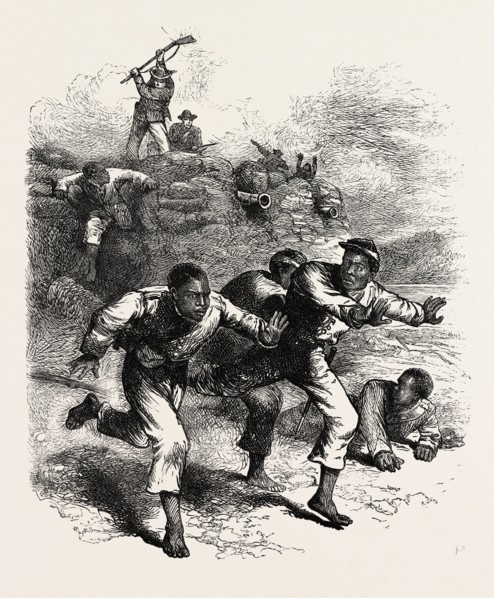 FLIGHT OF PEOPLE FROM FORT PILLOW, AMERICAN CIVIL WAR, UNITED STATES OF AMERICA, US, USA, 1870s