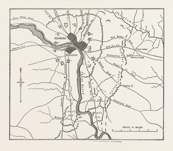 PLAN OF RICHMOND AND THE SURROUNDING COUNTRY, UNITED STATES OF AMERICA, US, USA, 1870s engraving
