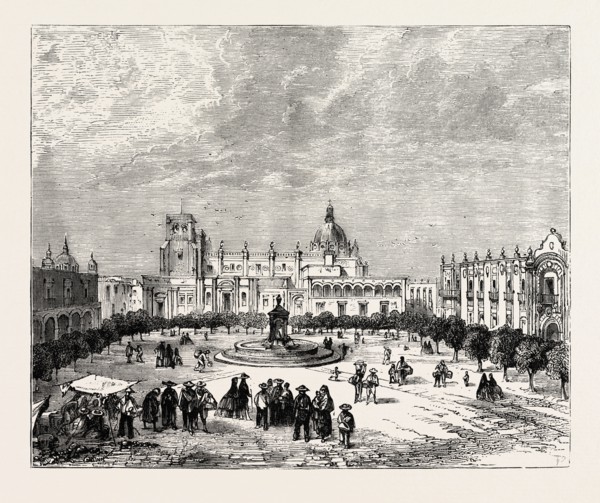 A PLAZA IN MEXICO, 1870s engraving