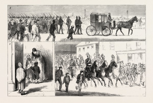 Cotton riots in lancashire, uk, 1. A Detachment of the 15th Foot led by a Magistrate marching to a