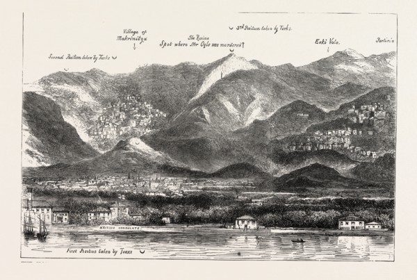THE CRISIS IN THE EASTâ€îVOLO AND ITS ENVIRONS, SHOWING INSURGENTS' POSITION AND SPOT WHERE MR,