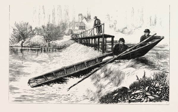SHOOTING A WEIR, A SKETCH ON THE THAMES ABOVE RICHMOND, UK