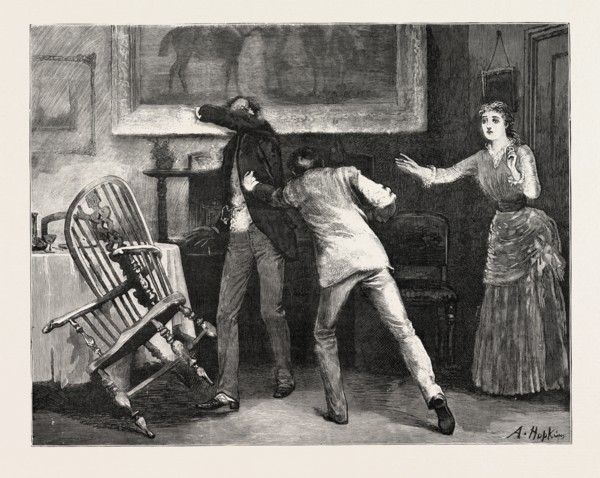 DRAWN BY ARTHUR HOPKINS, SCENE, INTERIOR, engraving 1884, life in Britain, UK, britain, british,
