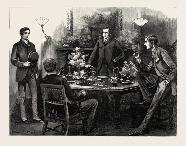 DRAWN BY ARTHUR HOPKINS, INTERIOR, engraving 1884, life in Britain, UK, britain, british, europe,