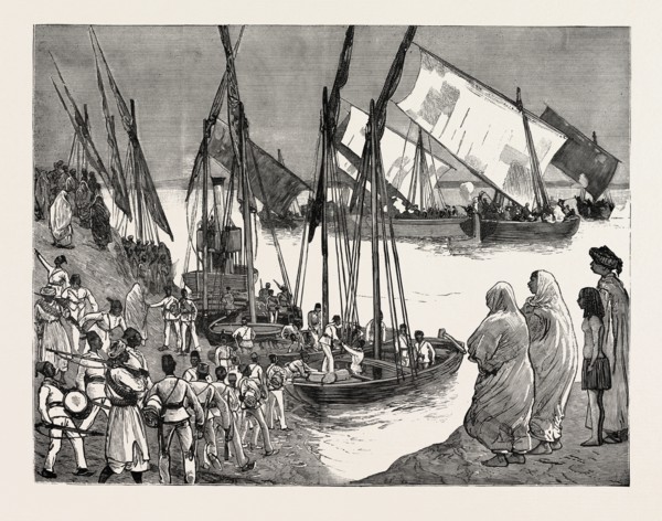DEPARTURE OF THE MUDIR'S TROOPS FROM DONGOLA FOR AMBUKOL FROM A SKETCH BY MR. F. VILLIERS, OUR
