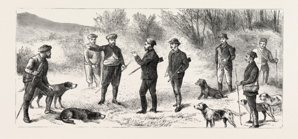 NATIVES DIRECTING THE SHOOTING PARTY WHERE TO FIND BIG GAME, engraving 1884