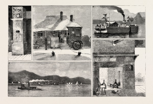 RIVER HUDSON, I. Washington's Headquarters at Newburg. 2. Washington's Clock. 3. Kitchen in