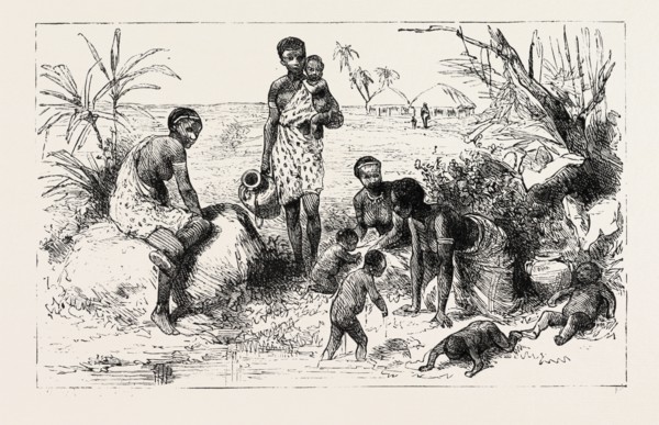 SHE LIVED BY AN ABYSSINIAN RIVER, engraving 1884, SLAVE TRADE, SLAVE, SLAVERY, SLAVES, SOCIAL