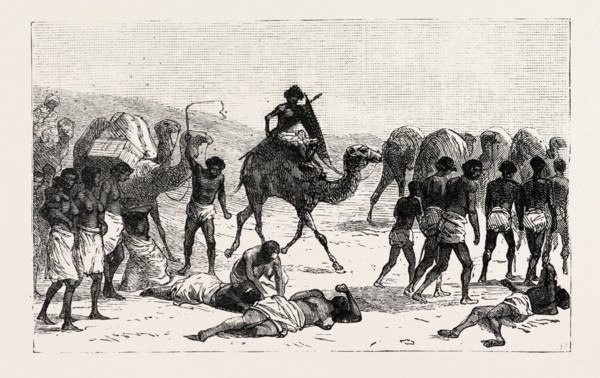 SHE WAS THEN TAKEN ACROSS THE DESERT TO THE RED SEA, engraving 1884, SLAVE TRADE, SLAVE, SLAVERY,