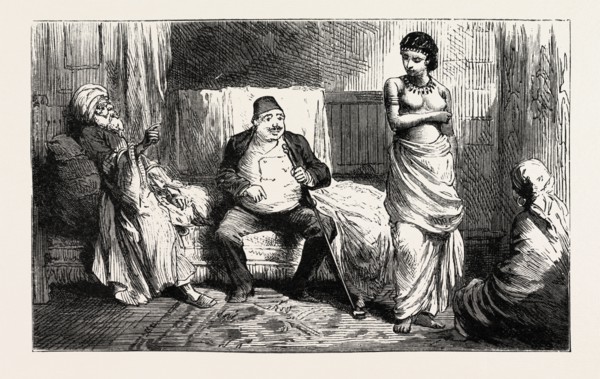 WHERE SIZE BECAME THE PROPERTY OF A TURKISH BEY, engraving 1884, SLAVE TRADE, SLAVE, SLAVERY,