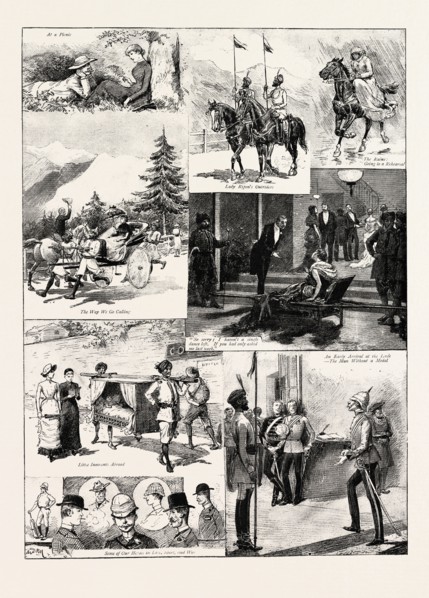 SIMLA, INDIA, UP IN THE HILLS, engraving 1884