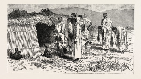 WITH ADMIRAL HEWETT'S MISSION TO ABYSSINIA DR GIMLETTE AND HIS LITTLE PATIENT AT ADOWA, engraving