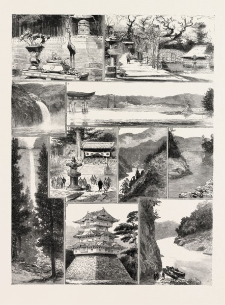 PLACES IN JAPAN, I. Iyeyasu's Tomb, Nikko. 2. Itsukusima  The Temples  3. Waterfall at Toji-no-ki,