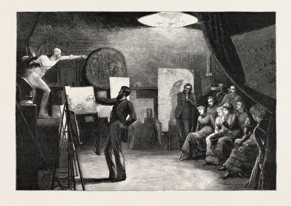 AN ASSOCIATE OF THE ROYAL ACADEMY INSPECTING THE LAMBETH SCHOOL OF ART, ENGRAVING 1884, UK,