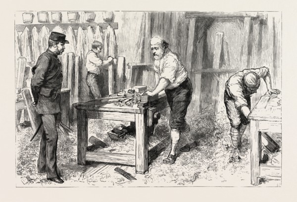 THE CLAIMANT AT WORK IN THE CARPENTERS SHOP,  PORTSMOUTH CONVICT PRISON, ENGRAVING 1884, UK,