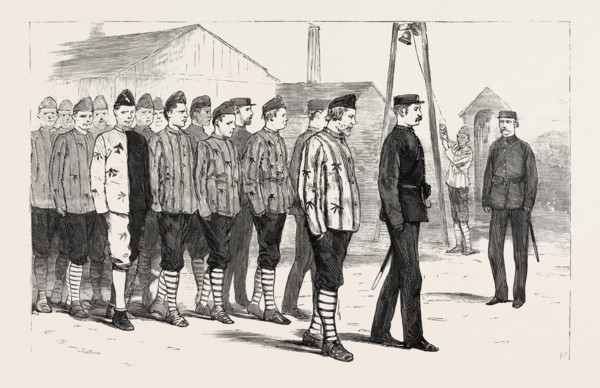 THE CLAIMANT WITH OTHER CONVICTS LEAVING THE JOINERS' SHOP, ENGRAVING 1884, UK, britain, british,