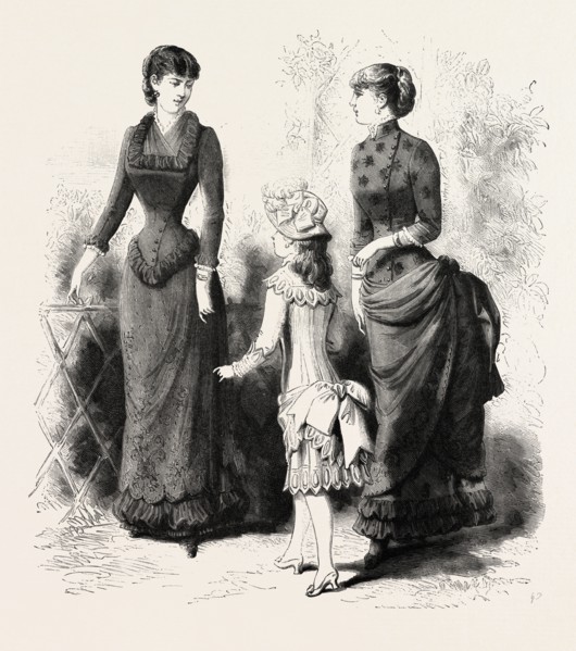 SUMMER COSTUMES, FASHION, ENGRAVING 1884, UK, britain, british, europe, united kingdom, great