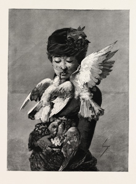 LADY AND PIGEONS, FASHION, ENGRAVING 1882