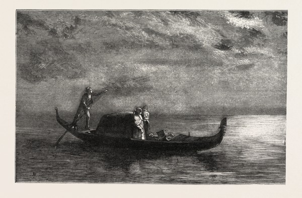 MOONLIGHT ON THE LAGOONS, VENICE, ITALY,  ENGRAVING 1882