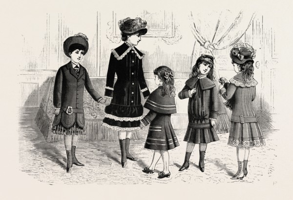 CHILDREN'S WINTER COSTUMES,  FASHION, ENGRAVING 1882