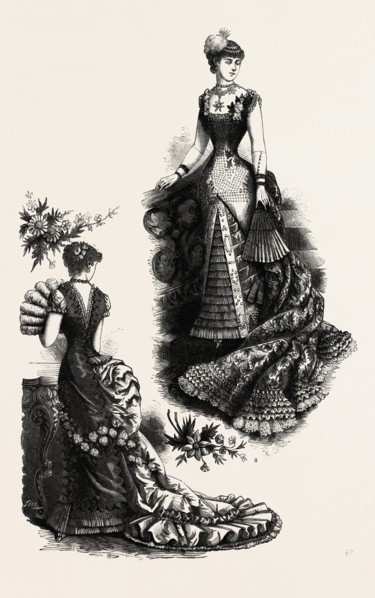 EVENING TOILETTES FOR DINNERS AND BALLS,  FASHION, ENGRAVING 1882