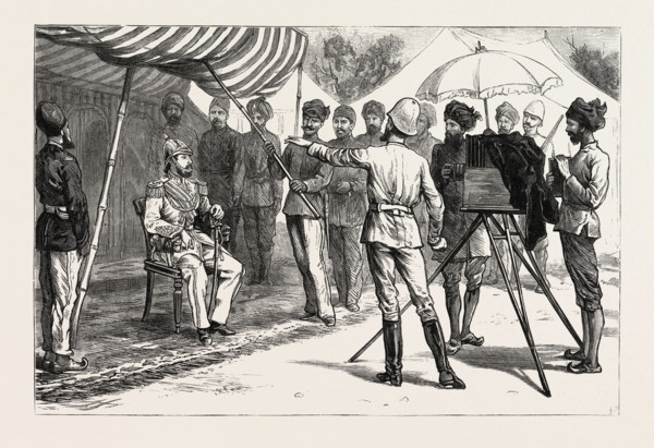MR. BURKE POSING THE AMEER, THE AMEER YAKOOB KHAN AT GANDAMAK, AFGHAN WAR, engraving 1882