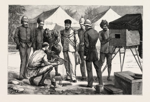 FIXING THE NEGATIVE, MR. BURKE POSING THE AMEER, THE AMEER YAKOOB KHAN AT GANDAMAK, AFGHAN WAR,