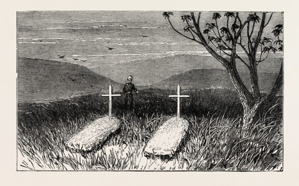 GRAVES OF LIEUT. SCOTT DOUGLAS AND CORPORAL COTTER AT KWAMAGAZA, ZULU WAR, ENGRAVING 1879