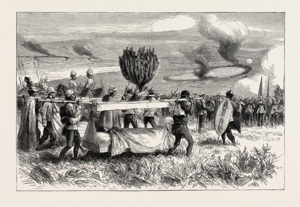 AFTER ULUNDI BEARING AWAY THE WOUNDED, ZULU WAR, ENGRAVING 1879