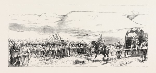 ARRIVAL OF GENERAL WOOD'S COLUMN AT UPOKO RIVER, THE ZULU WAR, ENGRAVING 1879