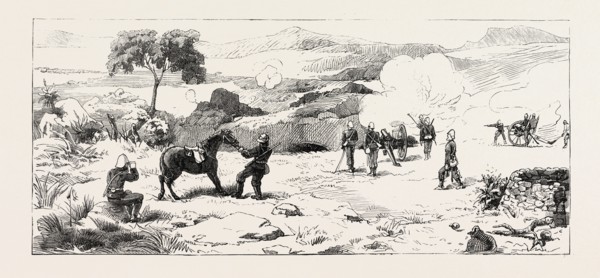 SHELLING ZULU KRAALS, UPOKO RIVER, THE ZULU WAR, ENGRAVING 1879