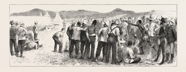 THROWING THE ASSEGAT, THE ZULU WAR, ENGRAVING 1879