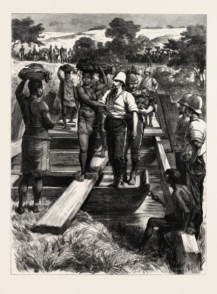 SIGNS OF PEACE ZULU WOMEN CROSSING A TEMPORARY BRIDGE BUILT BY THE ROYAL ENGINEERS, THE ZULU WAR,