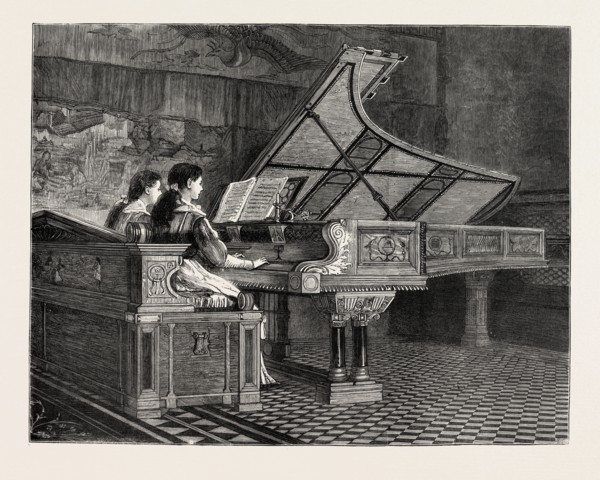 AN ARTIST'S PIANOFORTE, ENGRAVING 1879, PIANO, MUSIC, PLAYING