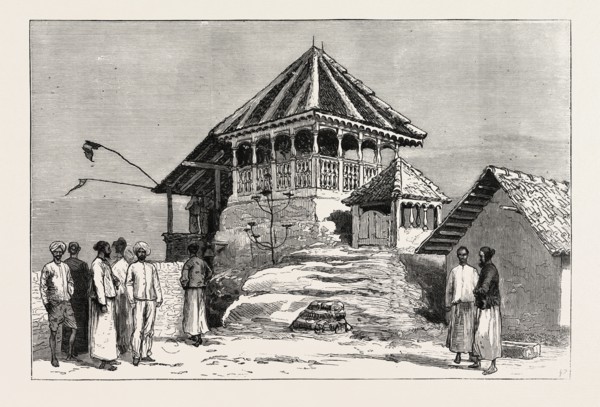 SHRINE OF THE SACRED FOOTPRINT, ON THE SUMMIT OF THE MOUNTAIN, ADAM'S PEAK, ENGRAVING 1879, SRI