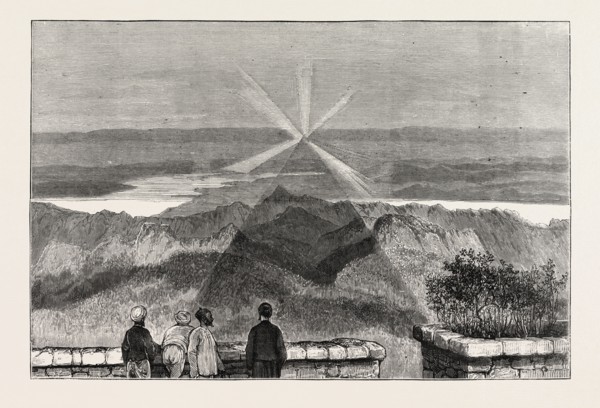SHADOW OF THE MOUNTAIN AS SEEN AT SUNRISE, ADAM'S PEAK, CEYLON, SRI LANKA, ENGRAVING 1879