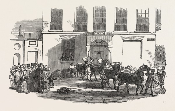 SINGULAR ACCIDENT IN HUNTER STREET, BRUNSWICK SQUARE, LONDON, UK. A Hansom cab was proceeding