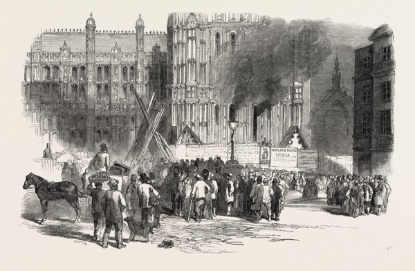 FIRE IN THE CLOCK TOWER OF THE NEW HOUSES OF PARLIAMENT, LONDON, UK, 1851 engraving