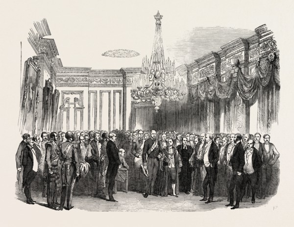 THE OAK DINING ROOM: THE EARL OF CLARENDON AND THE LORD MAYOR OF DUBLIN, IRELAND, 1851 engraving
