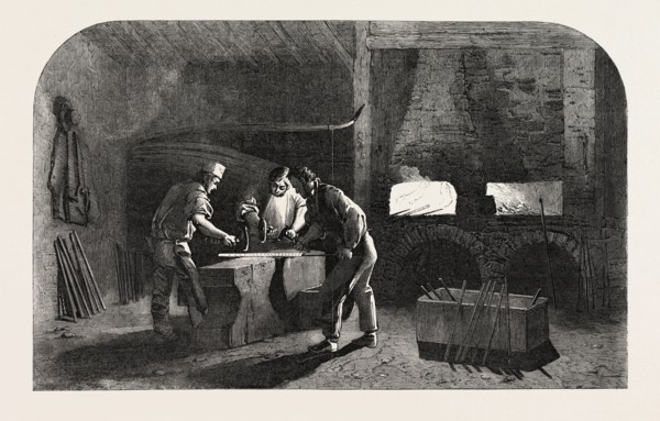 THE MANUFACTURE OF GUN BARRELS, AT BIRMINGHAM, UK: WELDING THE GUN BARRELS, 1851 engraving