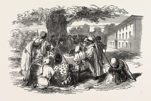 PALAVER BETWEEN THE GOVERNOR OF THE GAMBIA AND THE KING OF COMBO, 1851 engraving