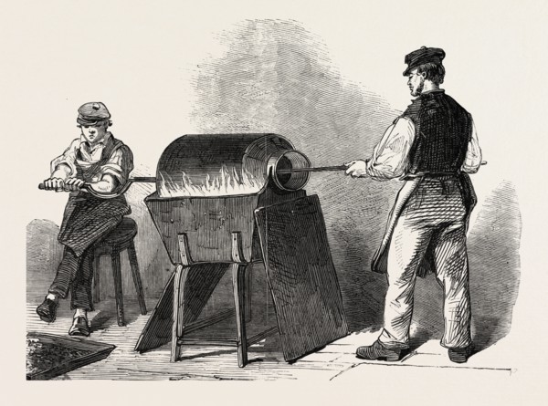 THE MANUFACTURE OF STEEL PENS IN BIRMINGHAM, UK: BRONZING STEEL PENS, 1851 engraving